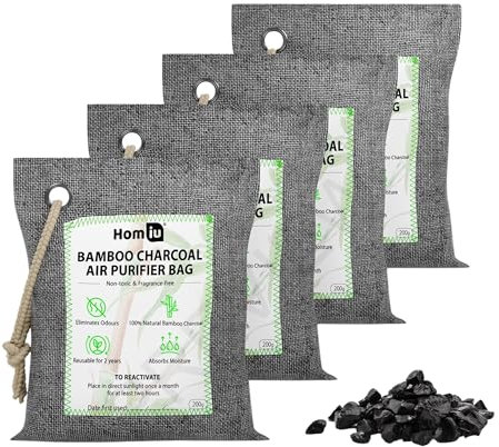 Homiu Bamboo Charcoal Air Purifying Bags - 4 Pack 200g Natural Odour Eliminator - Activated Charcoal Odour Absorber - Air Fresheners for Room Shoe Deodoriser Car Air freshener - Moisture Absorber