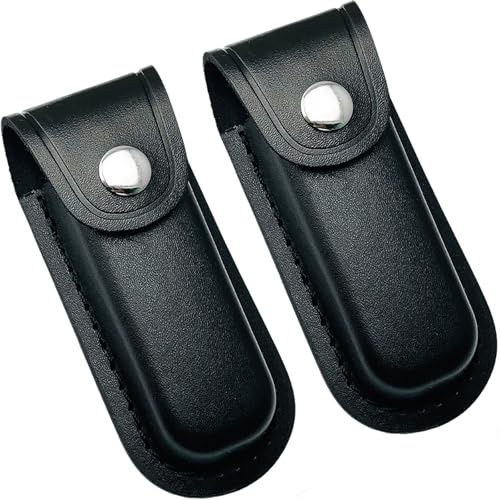 PIGIAOKA 2 Pcs Pocket Knife Sheath, 4 Folding Knife Belt Sheath Leather Pocket Knife Sheath Holster Knife Pouch with Snap Closure and Belt Loop for Outdoor Climbing, Camping, Cycling, Hiking, Black