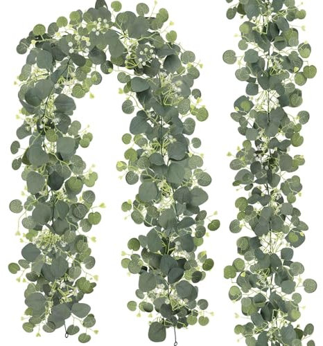 RODISHOMM 2 Stück Eukalyptus-Girlande Künstliche Girlande Pflanze mit weißen Blumen und Blättern, Künstliche Hängepflanzen für Hintergrund-Hochzeits-Tischdekoration