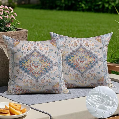 Vorysum Boho Outdoor Kissen Wetterfest 40x40 cm Dekokissen Sommer Kissenbezüge Vintage Kissenhülle Beige Sofakissen für Wohnzimmer Schlafzimmer Garten Dekorative 2er Set