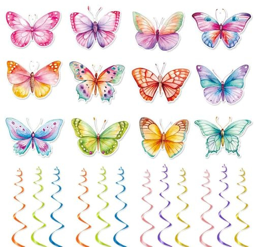 Decorazioni a Spirale Farfalle,24 Pezzi Farfalle Colorate Vortici Appesi,Farfalle Decorazione Turbinii Sospesi,Primavera Estate per Donna Ragazza Bambini Forniture Baby Shower Festa di Compleanno