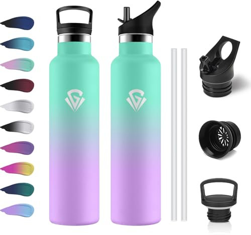 Gourde Inox 1L, Bouteille en Acier Inoxydable, Gourde Isotherme avec Paille, Étanche & Réutilisable, sans BPA, Bouteille d'eau Isolée, Gourde pour Enfant, Adultes, École, Alpinisme, Extérieur