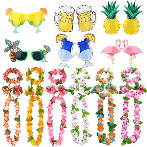 wokdsbl 30 Stück Hawaii Party Set Sonnenbrillen Blumenkette Kopfbänder | Tropische Party Deko mit Armbändern für Sommer Strand Poolparty Luau Feier und Fotografie