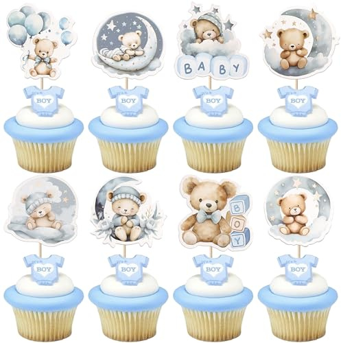 Xsstarmi 40 Packung Gender Reveal Tortendeko Baby Boy or Girl Kuchen Deko Bär Baby Shower Cupcake Toppers für Taufe,Gender Reveal Party Kuchen Dekorationen Blau