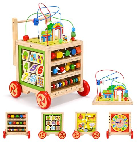 Fdlscpem Lauflernwagen aus Holz - Höhenverstellbare Lauflernhilfe mit Puzzle, und Zahlen - Pädagogisches Babyspielzeug, Premium Qualität Laufwagen für Kleinkind, Holzspielzeug für Kinder ab 1 Jahr