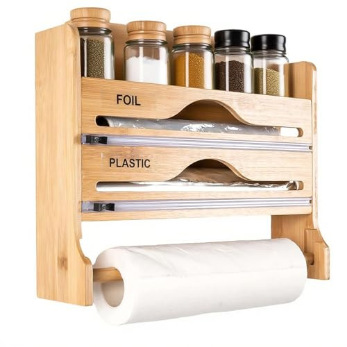 Distributeur Film Alimentaire avec Porte-essuie-Tout,4 en 1 étagère à épices et Coupe-Film,Support pour Rouleau de Cuisine,Papier Aluminium et Film Alimentaire