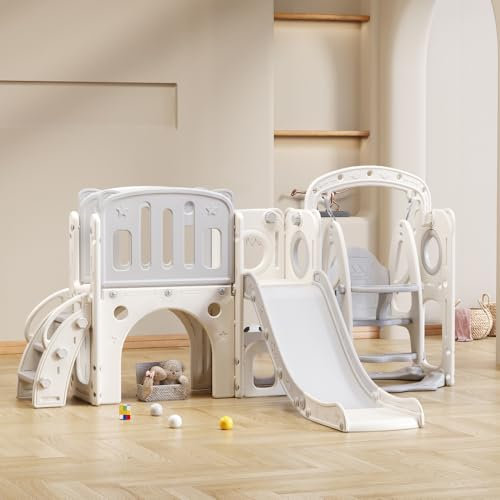 Seyakany Kit Toboggan 7 en 1 avec Comprenant Toboggan et balançoire,Plate-Forme,Meuble Bas et Jeu de perçage,avec Support de Basket et escalier, Kit d'aire de Jeux(no Boules océaniques),Gris+Blanc
