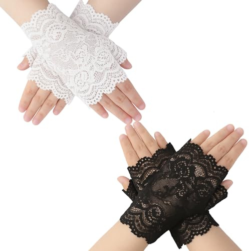 Schwarz Weiße Fingerlose Spitzenhandschuhe Fäustlinge für Damen Vintage Netzhandschuhe mit Spitze Stickerei Elegante Accessoires für Hochzeiten, Steampunk-Kostüme, Halloween-Partys & Retro-Look
