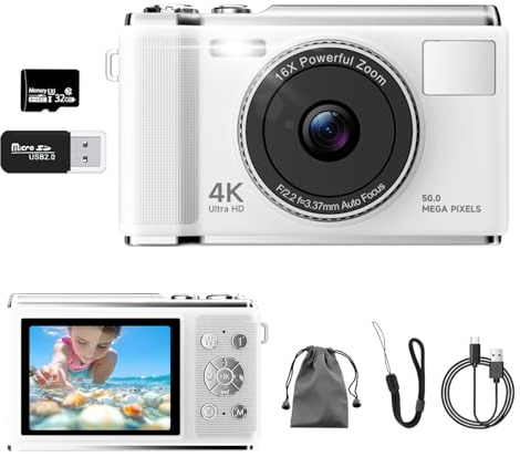 Digital Camera, UHD 4K 50MP Autofocus Vlogging Camera with 32GB SD Card, Anti-Shake, 2.83'' LED Screen, 16X Zoom, Large Rechargeable Battery, Compact Digital Camera for Kids Students Beginners