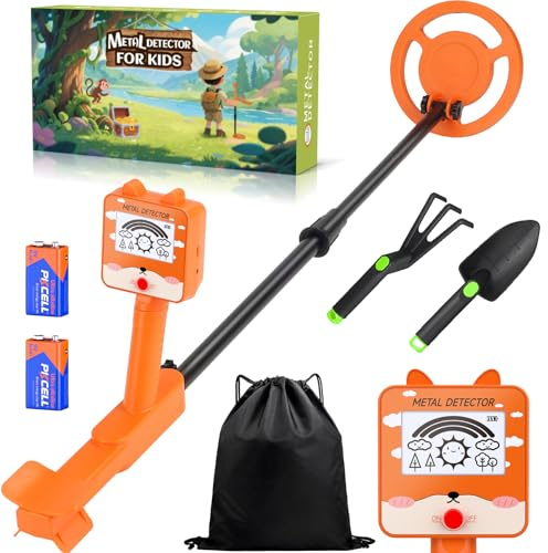 Metal Detector Kids with LCD Display & Sound Indication, Lightweight Kids Metal Detector with Waterproof Search Coil and Adjustable Stem with Shovel Rake Backpack for Boys Girls Treasure Seeking Gift