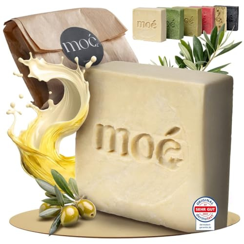 Moè Olivenöl Naturseife 85% Olivenöl, rückfettende feuchtigkeitsschützende Pflege für trockene, empfindliche reife Haut ohne Zusatzstoffe (ideal für Haar, Gesicht & Körper) | Feste Duschseife ca 115g