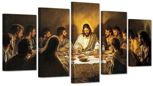 CXHOSTENT Wandkunst „Das letzte Abendmahl“ 5-teilig Jesus-Leinwanddruck christliche Bilder religiöse Malerei Druck Gott-Poster Wohnzimmer Dekor gerahmt (20x35cmx2 20x45cmx2 20x55cmx1)
