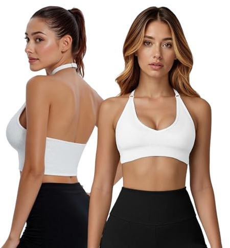 Fiohiros Reggiseno sportivo con scollo a V profondo per donne, senza cuciture con schiena aperta e cuscinetti rimovibili, cinturino regolabile per il collo, senza fili, per allenamento, yoga, crop top