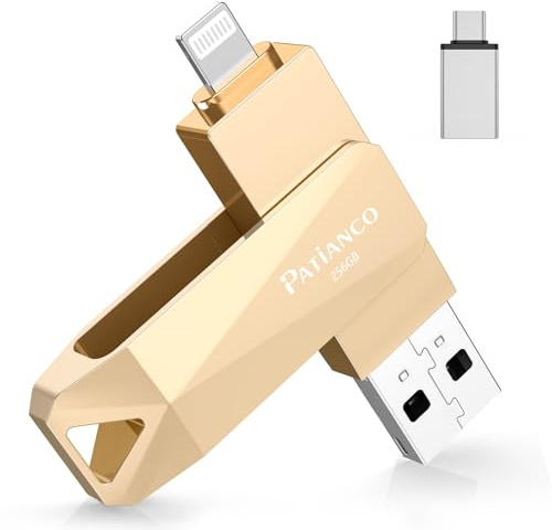 Pendrive para iPhone 256GB,[MFi Certificado] Patianco Memoria Externa USB C para iPad 3 en1 Flash Drive Externa Storage Ptotostick Lightning para OTG Android Smartphone Tablet Mac PC iOS(Oro)