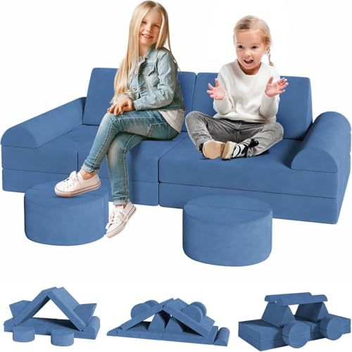 Clevich 15-Teilige Modulare Kinderspielcouch, Kindersofa aus Schaumstoff Bausteine, Spielsofa zum Lernen & Spielen, Kuschelecke im Kinderzimmer, Softbausteine für Kinderzimmer oder Spielzimmer (Blau)