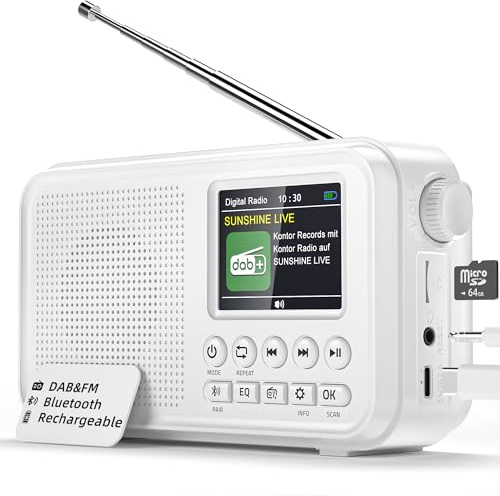 Radio Portátil Dab/FM, Bluetooth, Batería Recargable de 3000mAh, Compatible con Tarjetas TF de hasta 64 GB, Carga Tipo C, Toma de Auriculares, 40 Presintonías FM & 40 Dab, EQ, Doble Alarma,para Hogar