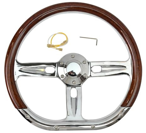 TIYPEOR 14 Inch Wood D-shaped Universal steering wheel 6 Bolt 3 Spokes Chrome-Plated aluminum alloy with horn Fit for Cars for Classic Car for Vintage for Racing 14 Wood Grain Steering Wheel