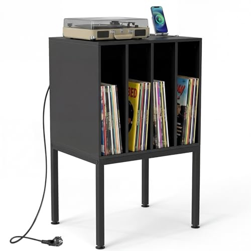 COSTWAY Meuble Platine Vinyle avec Prise, Support Tourne-Disque avec 4 Compartiments, pour 100 Albums, Pieds Métalliques Surélevés, Rangement Vinyle pour Salon, Chambre, Salle (Noir)