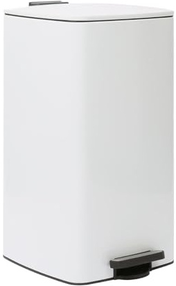 Optimal Products 30L Square Pedal Bin – Brushed Stainless Steel Kitchen Trash Can with Soft-Close Lid, Hands-Free Foot Pedal, Removable Inner Bucket & Rubbish Recycling Bin Dustbin Matt White