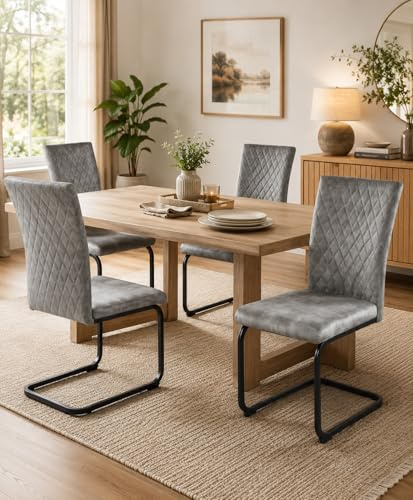 JIEXI Dining Chairs Set of 4, Grey Upholstered Dining Room Chairs with Round Metal Leg, High Back Kitchen Chair for Dining Room Living Room