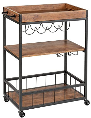 WENKO Küchenwagen Rustico, 3 Etagen, vielseitiger Servierwagen mit 4 Rollen, Kücheninsel mit Weinglashalter & Flaschenhalter, 80 x 89,5 x 40 cm, Rollwagen aus lackiertem Metall und MDF, Braun/Schwarz