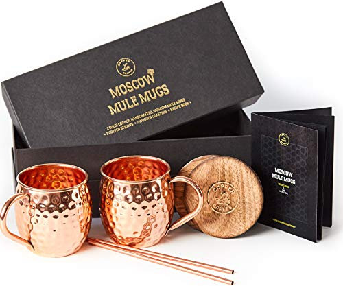 Moscow Mule Mugs Gift Set, 2 Authentic Handcrafted Copper Mugs (16 oz.), 2 Straws, 2 Solid Wood Coasters and Recipe Book