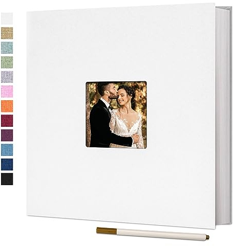 Vienrose Selbstklebendes Fotoalbum, 40 Seiten, 33x32 cm, Weiß | Fotoalbum zum Einkleben und Selbstgestalten, Groß Leinen Photoalbum, Metallstift, Hochzeit Jahrestag Reise Geburtstag