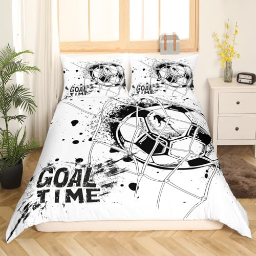 Erosebridal Kids Football Comforter Cover Queen Size American Soccer Bedding Set Sports Games Duvet Cover for Boys Girls Children Geometric Polygon Bedspread Cover for Living Room, Black White