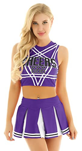 FEESHOW Damen Cheerleading Kostüm Sexy Cheerleading Rock Oberteil Pumpons High School Musical Outfit Karnevalskostüm Party Tanzkleidung Lila L