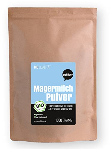 Wohltuer Bio Magermilchpulver 1000g - Bio & Weidehaltung. Sehr gut löslich & frei von Zusätzen. Milchpulver 1kg fettarm ohne Zuckerzusatz aus Deutschland