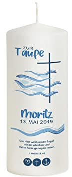 Liamoria® Patenkerze Fische in Blau mit Name und Datum inkl. Taufspruch 20 cm - Modell Moritz - Hochwertige Kerze mit langer Brenndauer