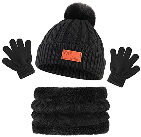 Bekecidi Hat Scarf and Gloves Set for Kids, 3 in 1 Winter Knitted Beanie Hat Scarf Gloves Set, Toddler Thermal Knit Pom Pom Bobble Hats Neck Warmer Gifts for Girls Boys Age 1-5，Black A