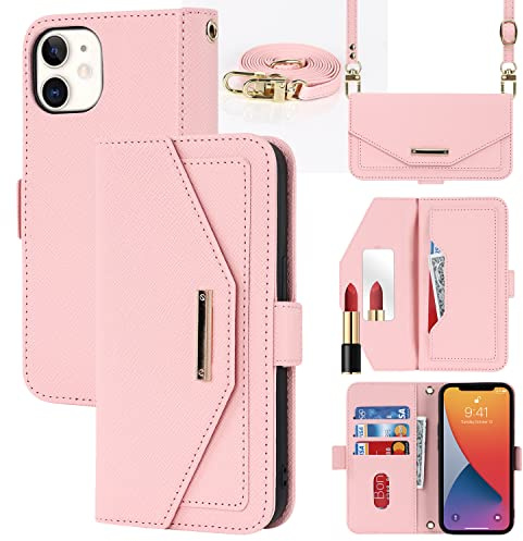CAVOR Handykette Handyhülle kompatibel mit iPhone 12/12 Pro Hülle Mit Band,Flip Leder Geldbörse Handyhülle,[Spiegel][5 Kartenfach][Magnetisch],Klapphülle Handytasche zum umhängen - Rosa