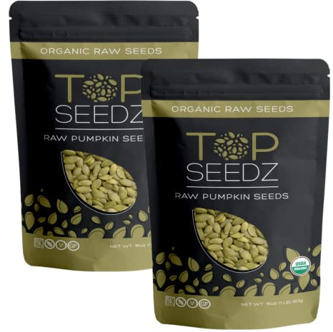 Top Seedz Certified USDA Organic Raw Pumpkin Seeds (Pepitas)| Premium Fresh and Unsalted, Shell-Free Pumpkin Seeds | Gluten-Free, Nut-Free, Vegan, Kosher, Keto, and Paleo | 1lb Resealable Bag | 2-Pack