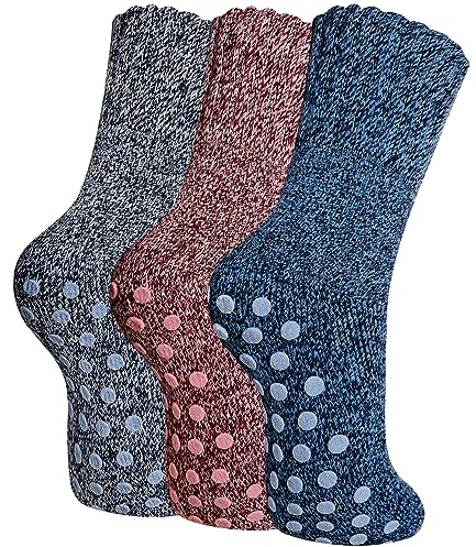 SeeyAN Merino Wool Grip Socks For Womens Non Slip Ski Boot Hiking Thermal Winter Warm Cozy Anti Skid Socks 3 Pairs (Blue/Red/Light Blue)