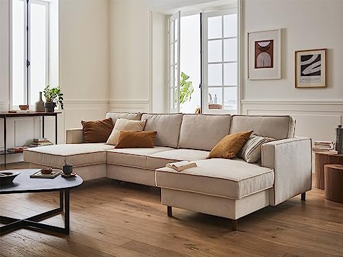 Lisa Design Jake – Wohnlandschaft U-Form – 7-Sitzer – mit Schlaffunktion und Bettkasten – aus Cord Beige