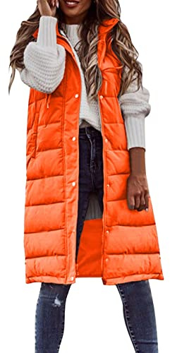 Lång väst quiltad väst vinter dunväst övergångsväst varm dunrock huva kvinnor softshelljacka med huva lätt ärmlös jacka med dragkedja fickor vinterrock vinterjacka, C-orange, L