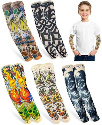 iToolai 5 Pairs Fake Tattoo Arm Sleeves for Kids Boys Girls Temporary UV Protection Tattoo Arts Sleeve Sets(Patterns 2)