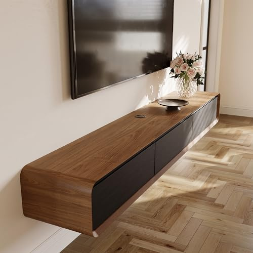 POVISON TV Schrank schwebend 160cm modern Schwarz & Walnussholz aus Massivholz mit 3 Schubladen, TV Lowboard hängend mit Kabelmanagement hochwertig, Komplettmöbel mit Stauraum für Wohnzimmer