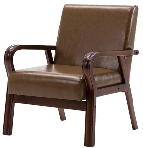 Mid-Century Moderner grüner Akzentstuhl mit Armlehnen – Holzrahmen Loungesessel mit weichem Kissen, PU-Leder gepolstert für Wohnzimmer und Schlafzimmer