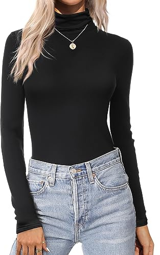 ZEAGOO Långärmad T-shirt dam polokrage basic stickad smal passform stretch t-shirt enfärgad tunn tröja bas undertröja XS-XXL, Svart, L