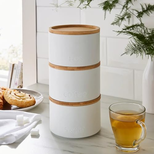 New Durable Set of 3 White Galvanized steel with a Air Tight Lid Stacking Canisters Tea Sugar Coffee Stackable Canister Jars Dia. 13cm x D 27.5cm