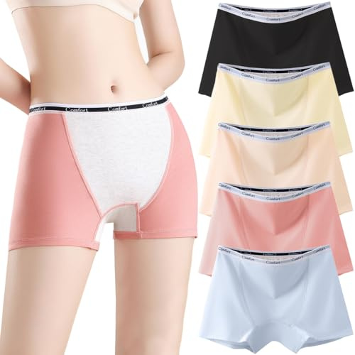 Hornice Paquete de 5 Calzoncillos Bóxer de Algodón para Mujer Bragas Menstrual de Talle Medio Pantalones de Seguridad Debajo de la Falda Calzoncillos Impermeables,M