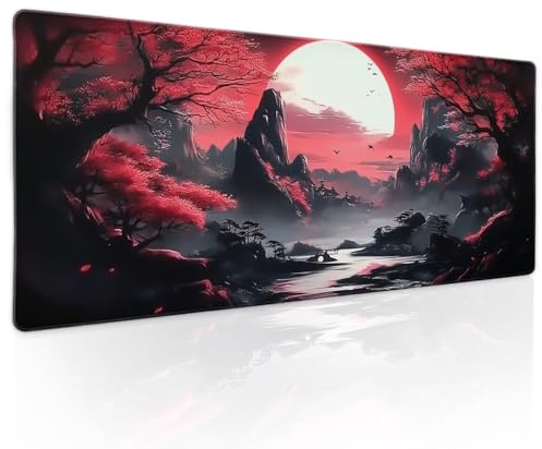 Tapis de souris de jeu japonais, XL, Lune, Sakura, fleur de cerisier, grande sous-main de bureau avec revers, base en caoutchouc antidérapante, bord cousu, longue sous-main pour clavier pour PC