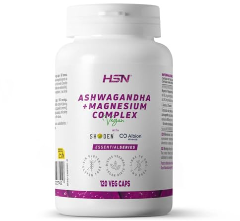 HSN Ashwagandha Shoden® + Magnesio Albion™ Minerals | 120 Cápsulas Vegetales | Complejo Extracto de Ashwagandha + Magnesio Quelado + L-Teanina Natural | Antes de Dormir | No-GMO, Vegano, Sin Gluten