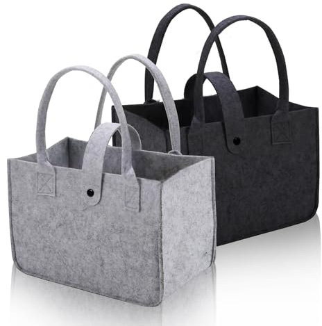 GOWTX 2 sacchetti portaoggetti in feltro, con manici solidi, riutilizzabili, per la spesa, colore grigio/nero, portatili, spessi, per campeggio, viaggi quotidiani (30 x 20 x 18 cm), Borsa portaoggetti