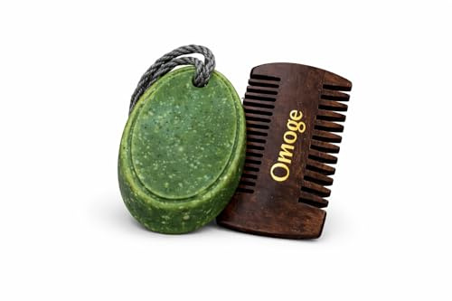 Men's Soap on a Rope and Omoge Hair Ltd Wooden Beard Comb Grooming Bundle - Classic Masculine Scent Exfoliating Body Bar for Deep Cleansing and Premium Styling Tool - Traditional Gift Set for Him