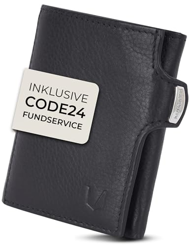 MAGATI Slim Wallet Il Santo (Schwarz) – Kartenetui aus echtem Leder mit RFID-Schutz – Geldbeutel mit 7 Kartenfächern, Scheinfach und Münzfach – 1 Jahr Fundservice inklusive