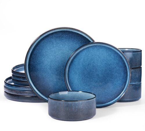 Richmount Star Vajilla de 12 piezas, Vajilla para 4 personas, Resistente a los arañazos, Microondas y lavavajillas, Nebulas Azul