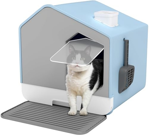 YITAHOME Cat Litter Box Large Enclosed Pullout Cat Litter Tray - High Sides House Litter Pan with Scoop & Mat Slide Out Tray XXL Covered Easy Clean Litter Tray (Blue）